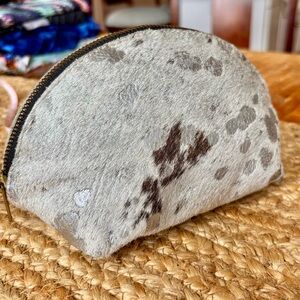 Metallic Silver Cow Hair Hide Leather Makeup Bag Clutch or Pouch NEW! Retail $90
